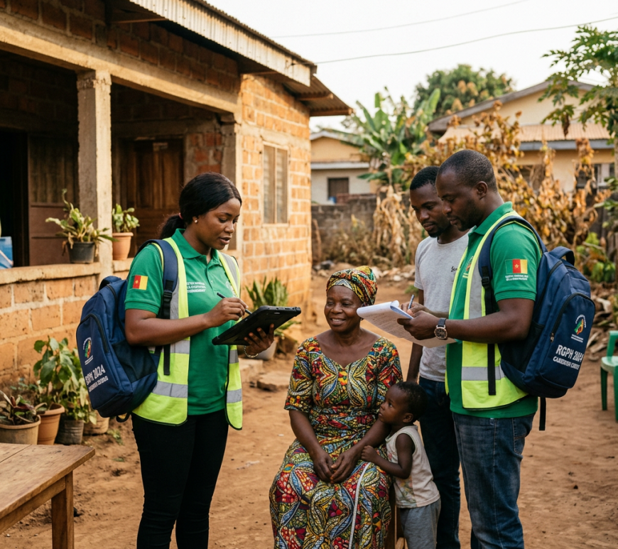 Two community health workers talking to a seated woman and child outside a brick house