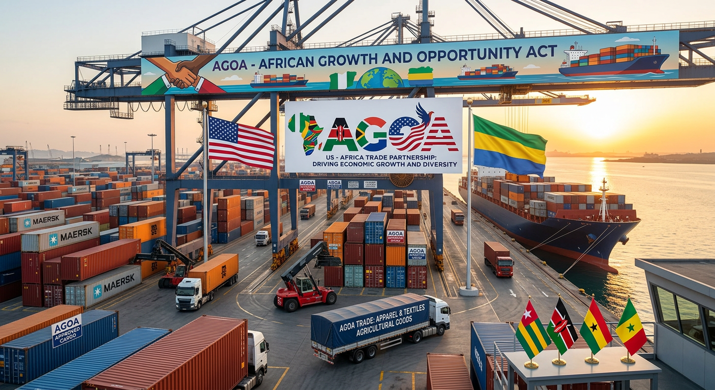 Shipping containers and trucks at a port with AGOA banners and flags of African countries and the U.S.