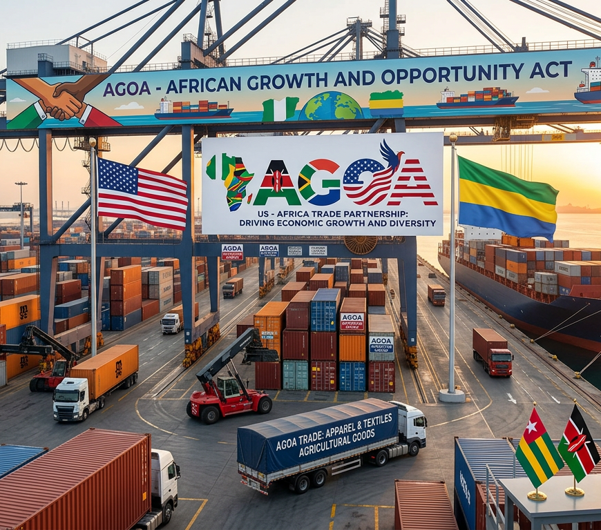 Shipping containers and trucks at a port with AGOA banners and flags of African countries and the U.S.