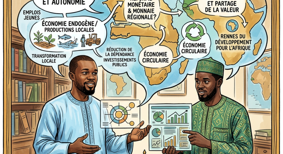 Two men in traditional African clothing discussing economic concepts with Africa map and speech bubbles.