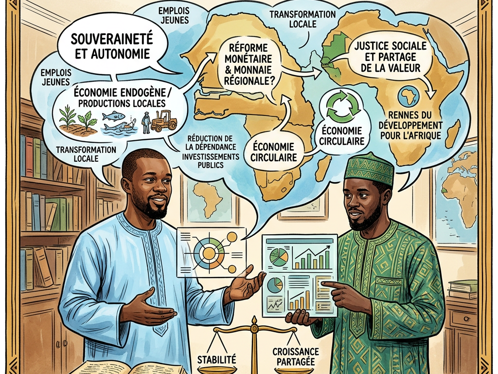 Two men in traditional African clothing discussing economic concepts with Africa map and speech bubbles.