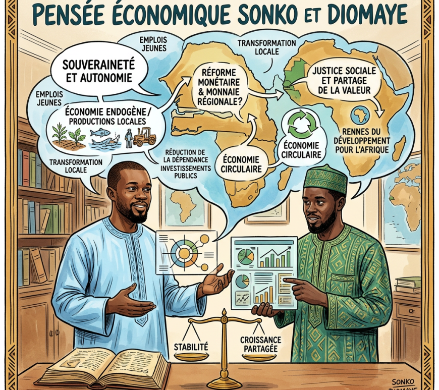 Two men in traditional African clothing discussing economic concepts with Africa map and speech bubbles.