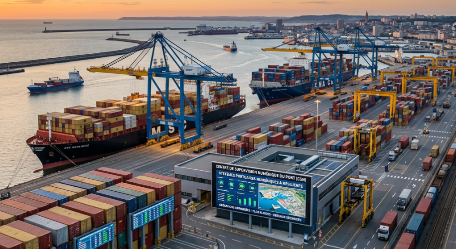 Container ships docked at port with cranes unloading and numerous shipping containers stacked