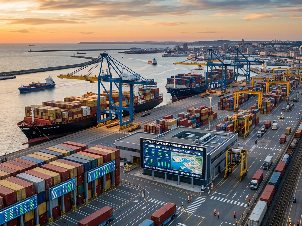Container ships docked at port with cranes unloading and numerous shipping containers stacked