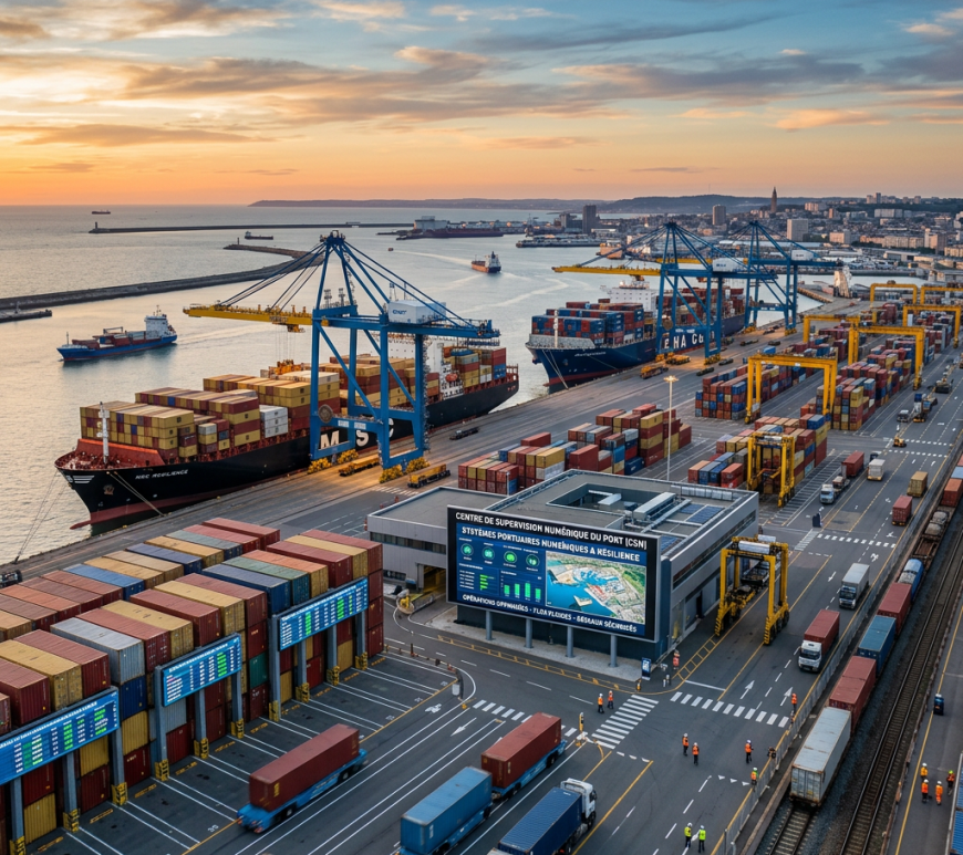 Container ships docked at port with cranes unloading and numerous shipping containers stacked
