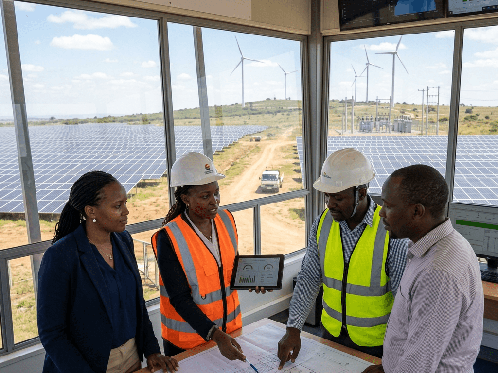 Team of four reviewing solar farm blueprints and data on a tablet inside a control room overlooking solar panels and wind turbines