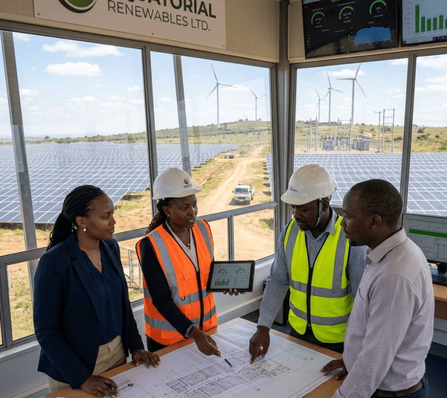 Team of four reviewing solar farm blueprints and data on a tablet inside a control room overlooking solar panels and wind turbines