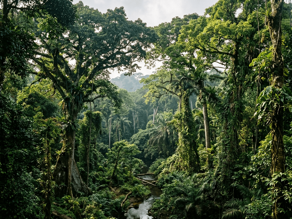 Lush tropical rainforest with tall green trees and a small river flowing through