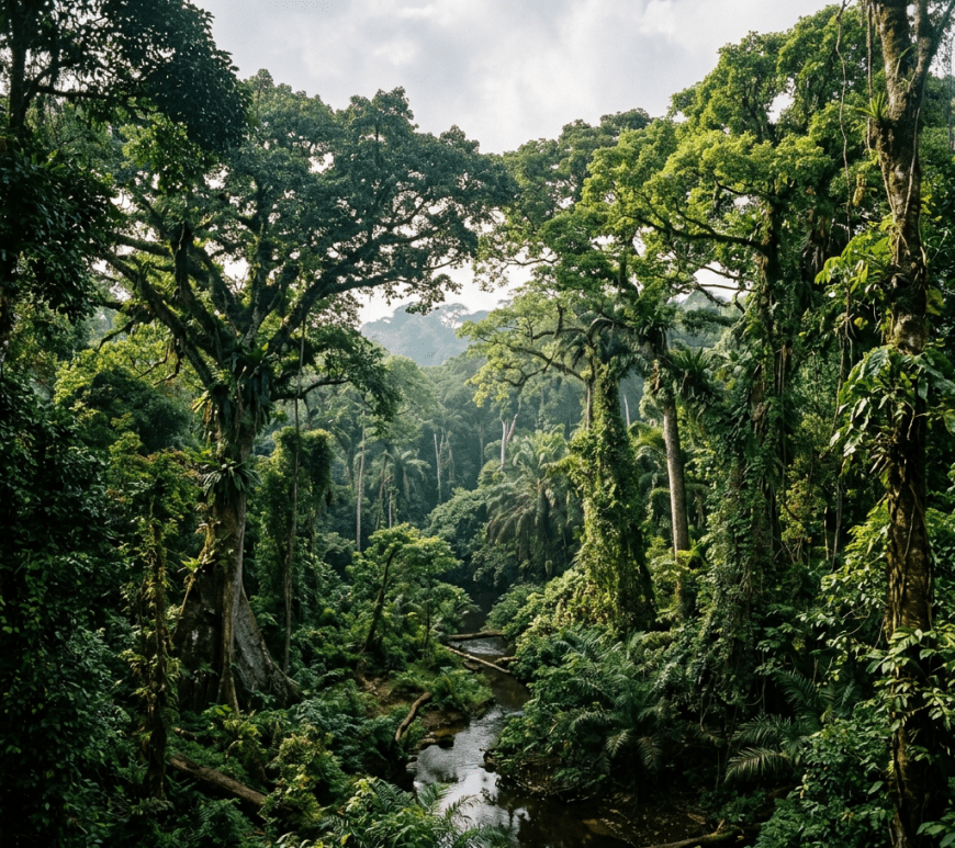 Lush tropical rainforest with tall green trees and a small river flowing through