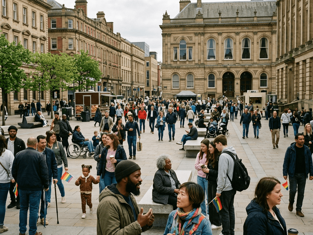 Diverse crowd of people walking and socializing in a city plaza with historic buildings