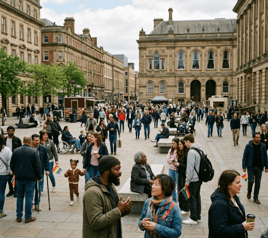 Diverse crowd of people walking and socializing in a city plaza with historic buildings