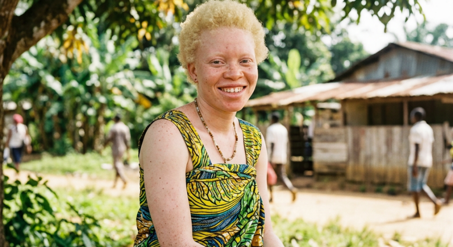 Smiling woman with albinism wearing colorful patterned dress sitting on a bench outdoors