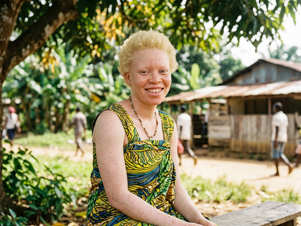 Smiling woman with albinism wearing colorful patterned dress sitting on a bench outdoors