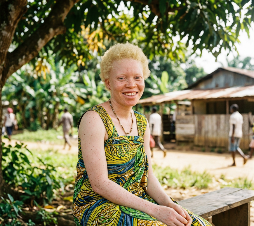 Smiling woman with albinism wearing colorful patterned dress sitting on a bench outdoors
