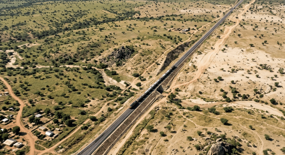 A freight train moving on railway tracks through a wide, sparsely vegetated savannah with scattered small trees.