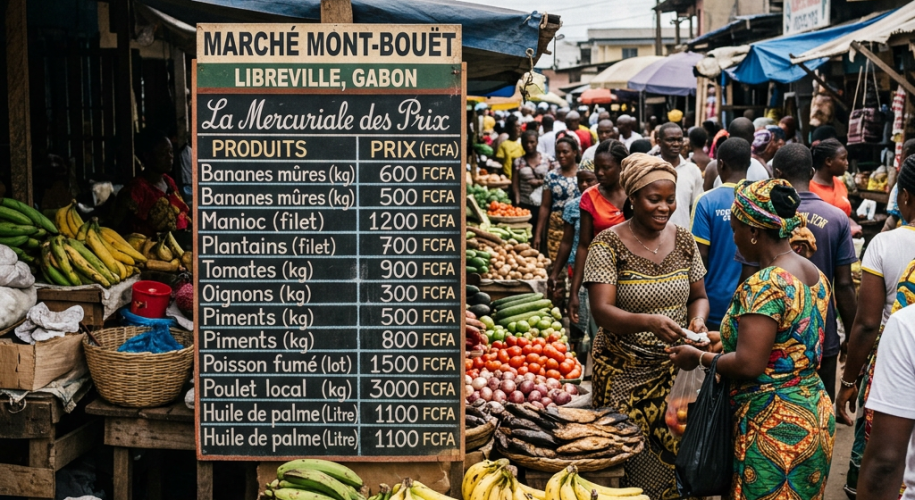 Colorful outdoor market in Libreville selling bananas, yams, tomatoes, and palm oil with price board