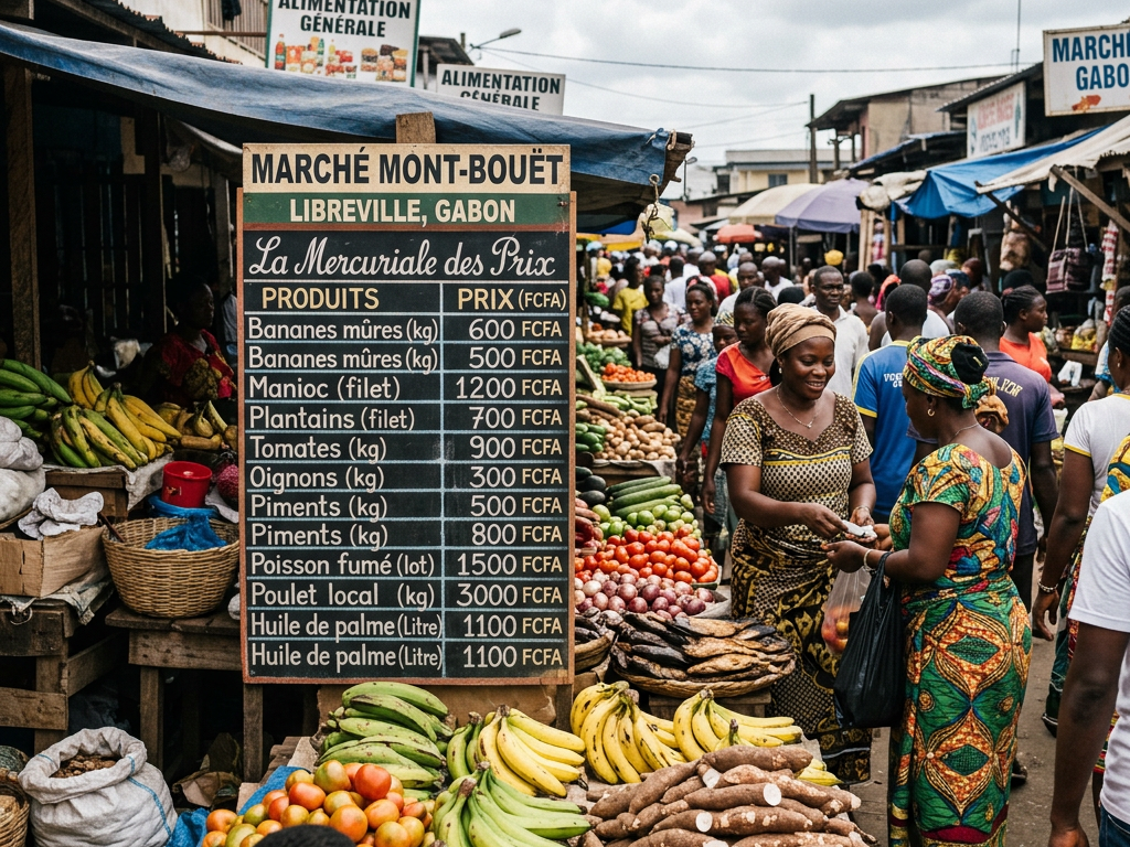 Colorful outdoor market in Libreville selling bananas, yams, tomatoes, and palm oil with price board