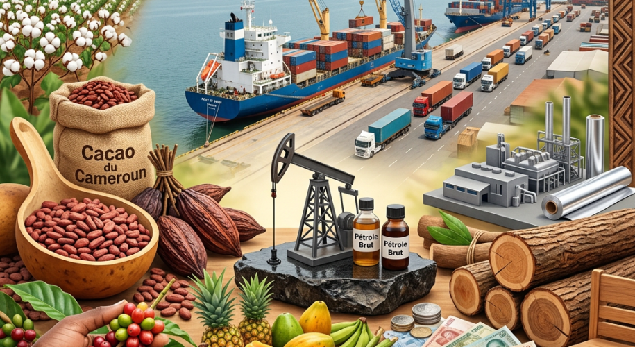 Economic symbols of Cameroon including cocoa, coffee, tropical fruits, oil extraction, manufacturing, timber, currency, and shipping port.