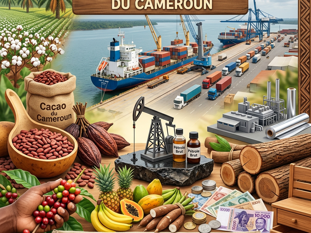Economic symbols of Cameroon including cocoa, coffee, tropical fruits, oil extraction, manufacturing, timber, currency, and shipping port.