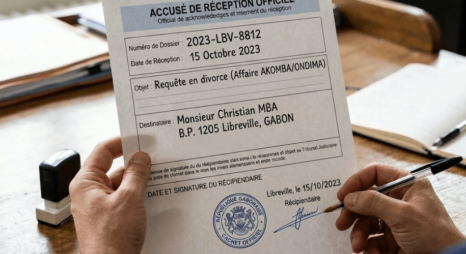 Signed official divorce acknowledgment form from Gabon's Ministry of Justice