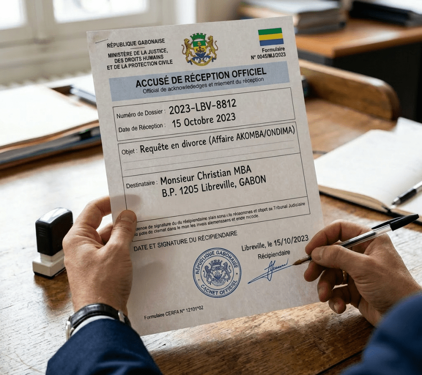 Signed official divorce acknowledgment form from Gabon's Ministry of Justice