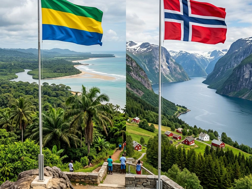 Flag of Gabon over tropical forest and beach; flag of Norway over fjord and mountains.