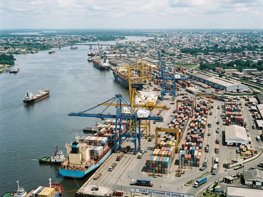 Aerial view of container ships docked at Douala port with cranes loading and unloading cargo containers
