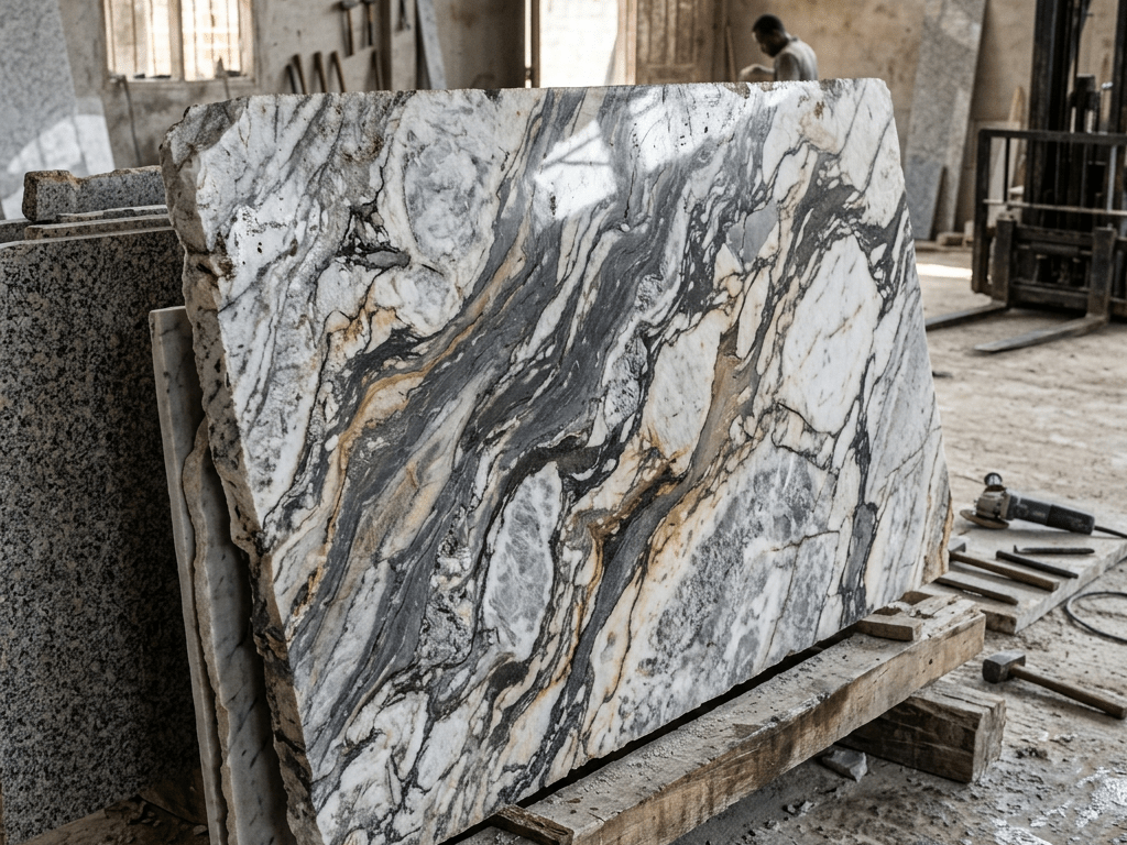 Large marble slab with black, white, and beige veins in a workshop
