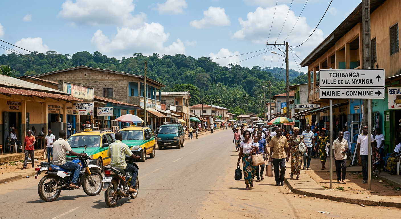 Busy street in a small town with pedestrians, motorcycles, taxis, and storefronts